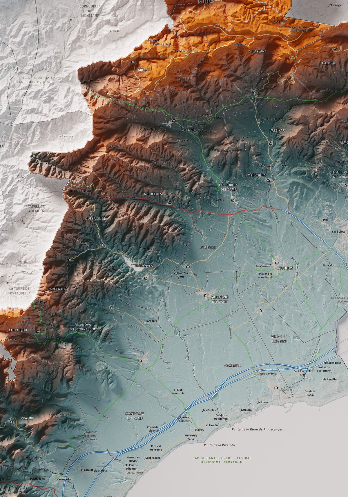 Mapa de relieve del Baix Camp, con el territorio en color y el entorno en blanco. Detalle de la zona central. 70 × 100 cm. Estilo Azul y naranja.