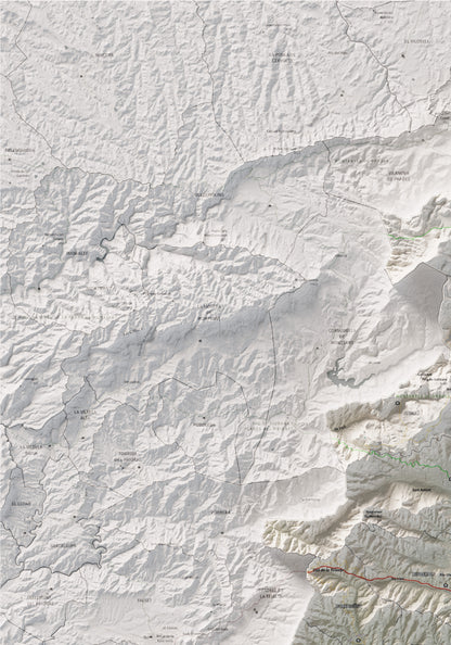 Mapa de relieve del Baix Camp, con el territorio en color y el entorno en blanco. Detalle de la zona superior izquierda. 70 × 100 cm. Estilo Cartográfico.