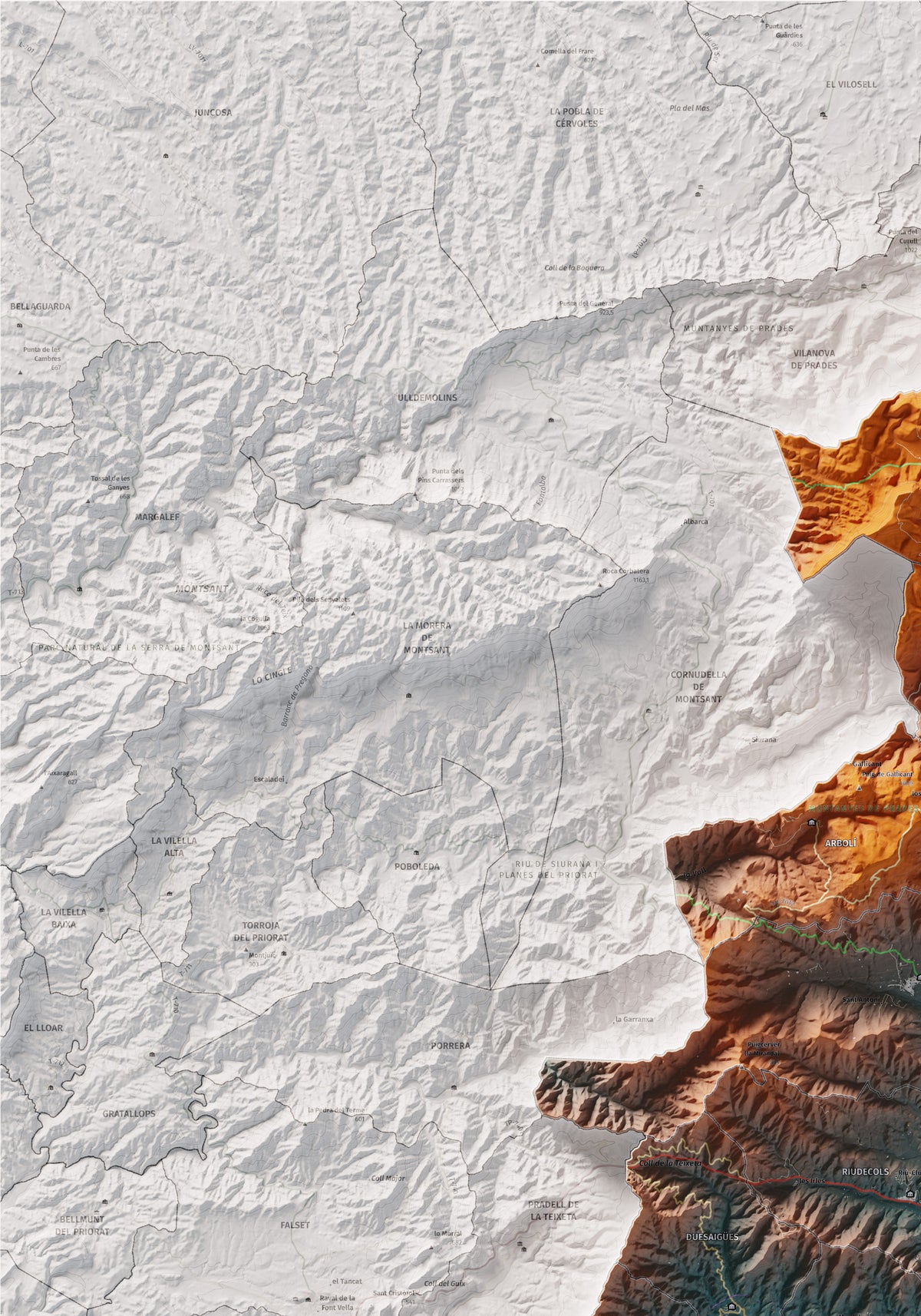 Mapa de relieve del Baix Camp, con el territorio en color y el entorno en blanco. Detalle de la zona superior izquierda. 70 × 100 cm. Estilo Azul y naranja.