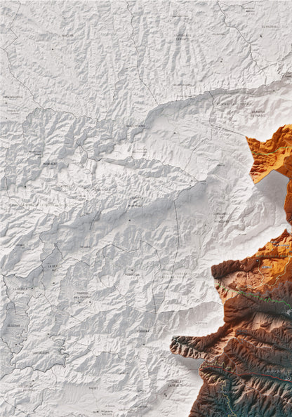 Mapa de relieve del Baix Camp, con el territorio en color y el entorno en blanco. Detalle de la zona superior izquierda. 70 × 100 cm. Estilo Azul y naranja.