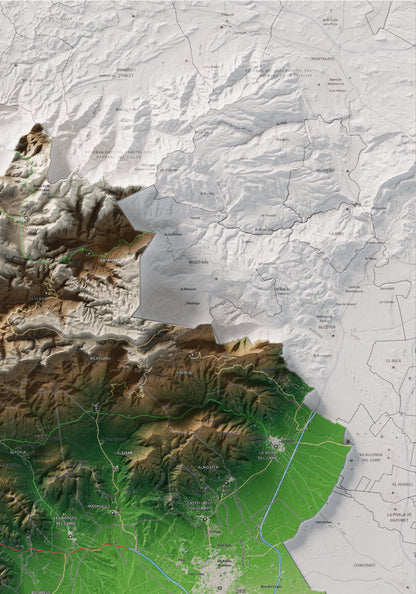 Mapa de relieve del Baix Camp, con el territorio en color y el entorno en blanco. Detalle de la zona superior derecha. 70 × 100 cm. Estilo Clásico.
