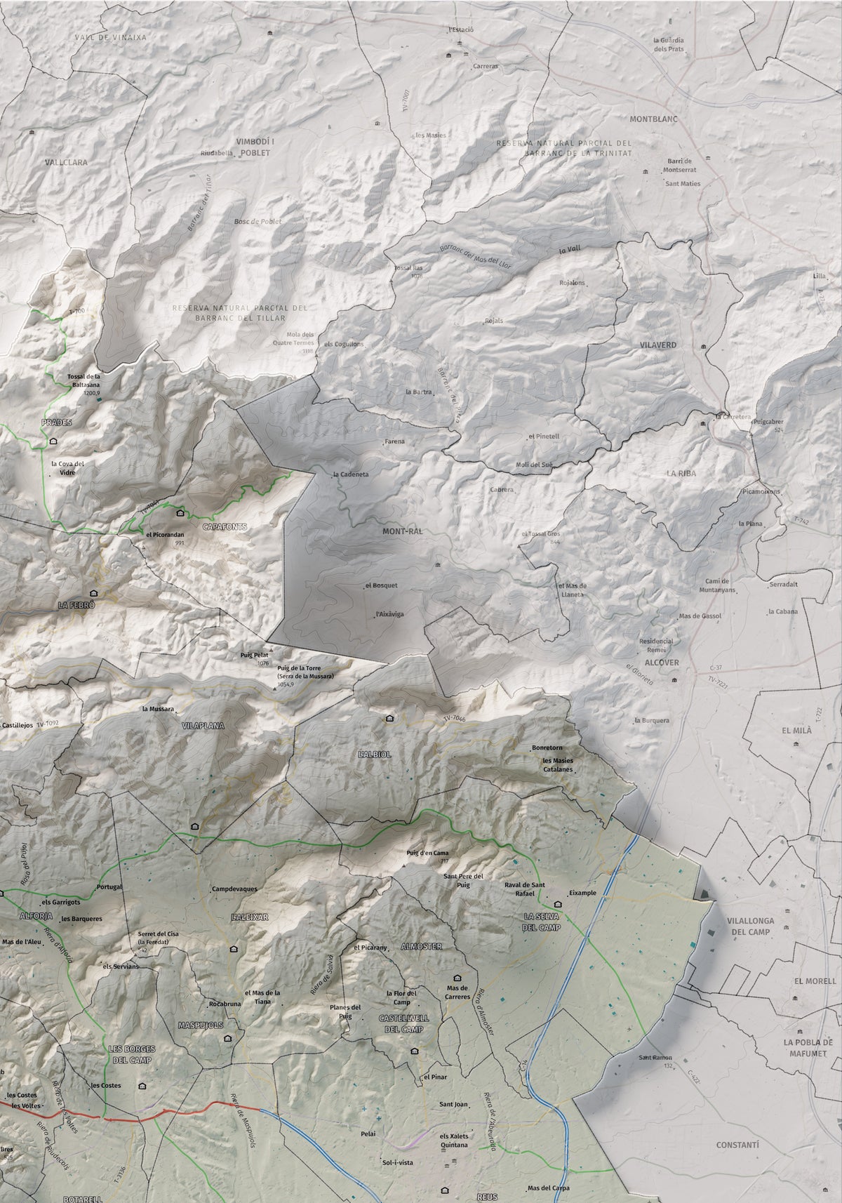 Mapa de relieve del Baix Camp, con el territorio en color y el entorno en blanco. Detalle de la zona superior derecha. 70 × 100 cm. Estilo Cartográfico.