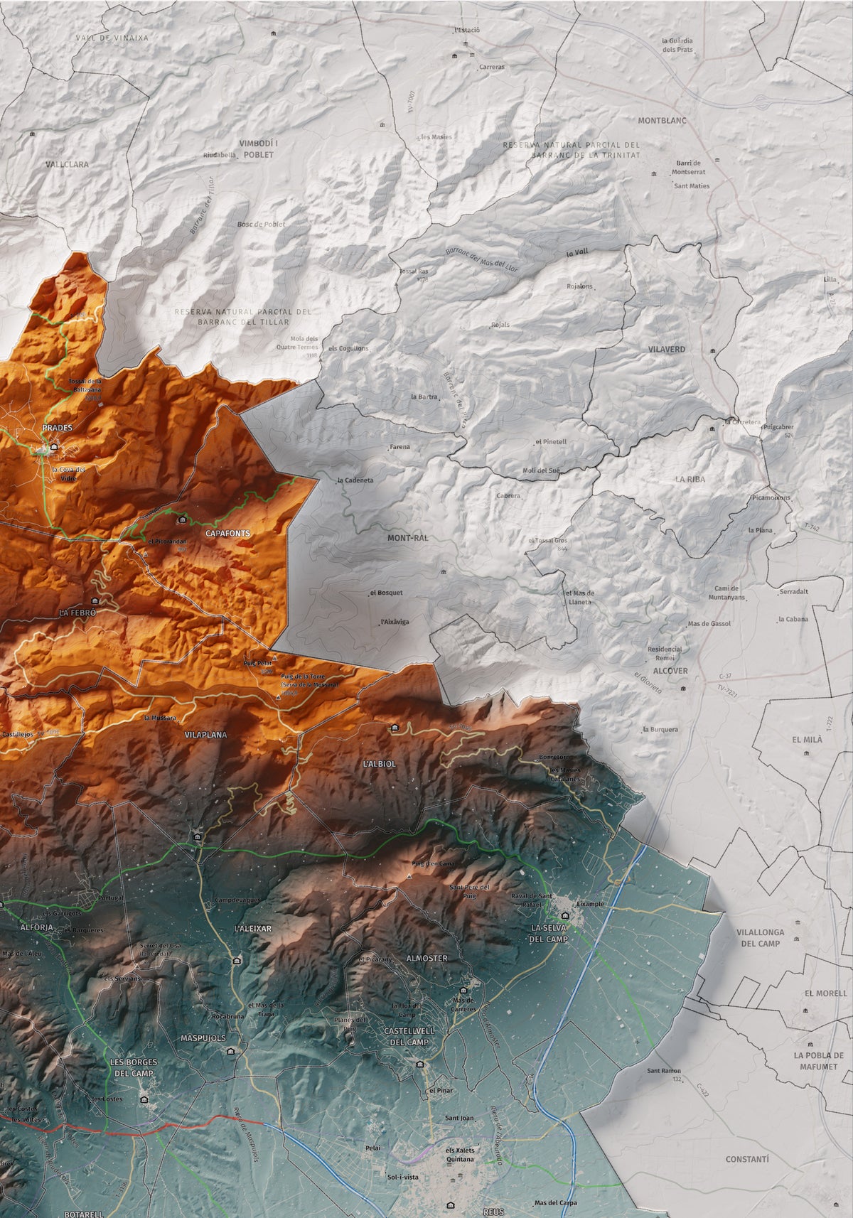 Mapa de relieve del Baix Camp, con el territorio en color y el entorno en blanco. Detalle de la zona superior derecha. 70 × 100 cm. Estilo Azul y naranja.