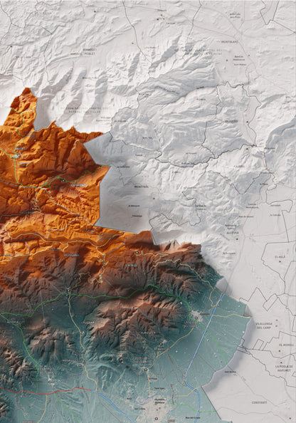 Mapa de relieve del Baix Camp, con el territorio en color y el entorno en blanco. Detalle de la zona superior derecha. 70 × 100 cm. Estilo Azul y naranja.