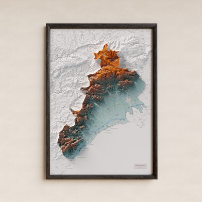 Mapa de relieve del Baix Camp, con el territorio en color y el entorno en blanco. Presentación con marco. 70 × 100 cm. Estilo Azul y naranja.