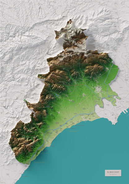 Mapa de relieve del Baix Camp, con el territorio en color y el entorno en blanco. Vista completa de la lámina. 70 × 100 cm. Estilo Clásico.
