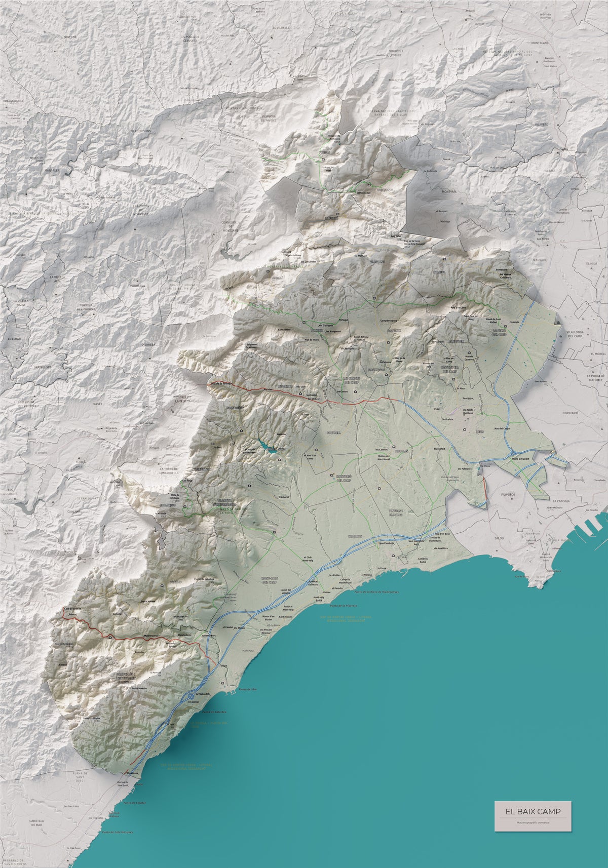 Mapa de relieve del Baix Camp, con el territorio en color y el entorno en blanco. Vista completa de la lámina. 70 × 100 cm. Estilo Cartográfico.
