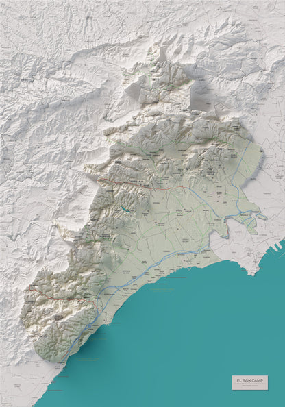 Mapa de relieve del Baix Camp, con el territorio en color y el entorno en blanco. Vista completa de la lámina. 70 × 100 cm. Estilo Cartográfico.