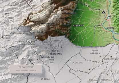 Mapa de relieve del Baix Ebre, con el territorio en color y el entorno en blanco. Detalle de la zona inferior izquierda. 21 × 30 cm. Estilo Clásico.