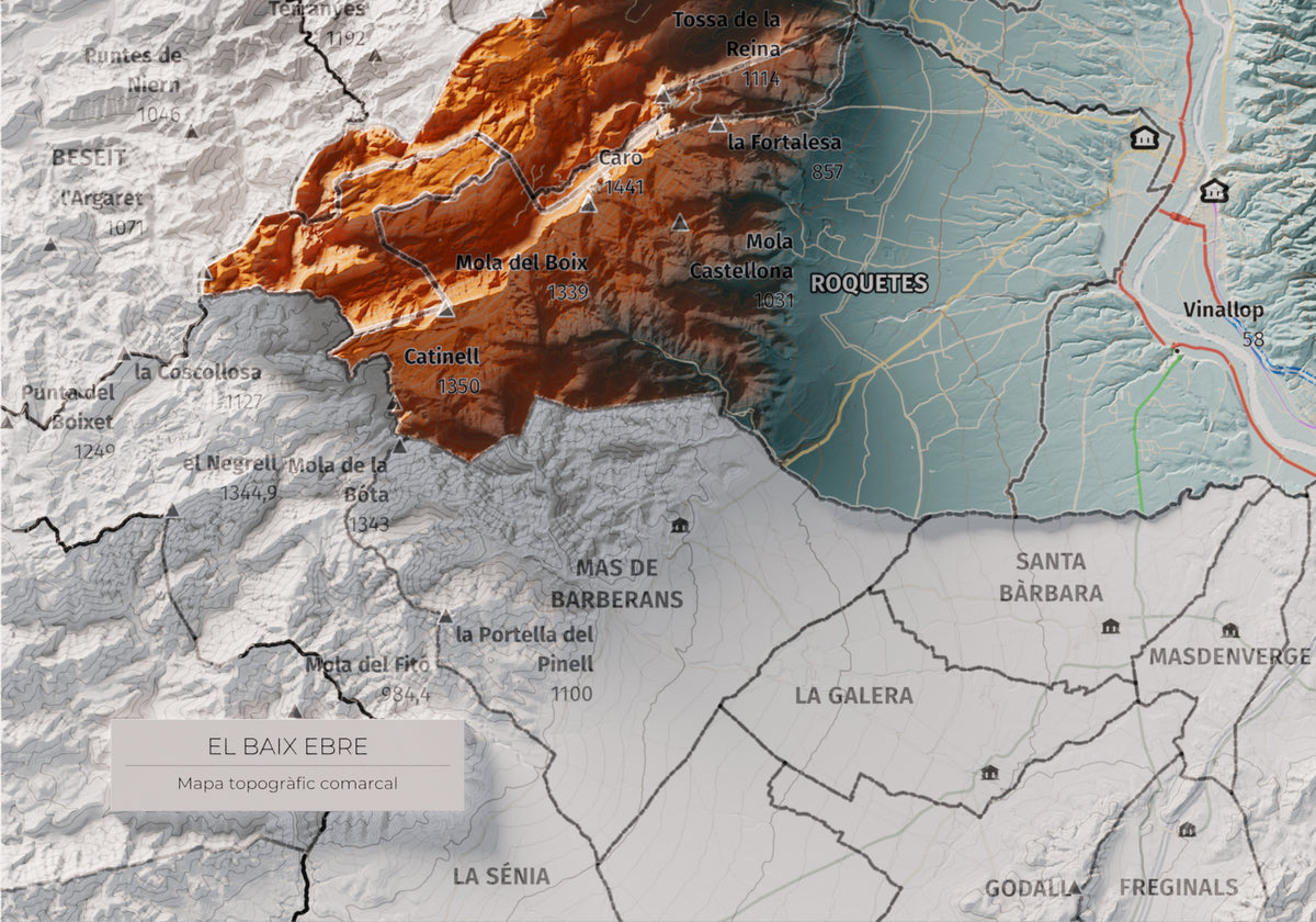 Mapa de relieve del Baix Ebre, con el territorio en color y el entorno en blanco. Detalle de la zona inferior izquierda. 21 × 30 cm. Estilo Azul y naranja.