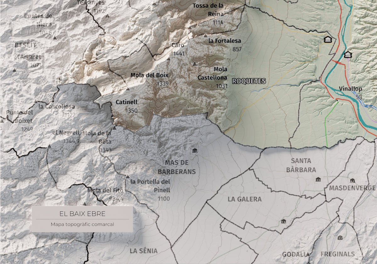 Mapa de relieve del Baix Ebre, con el territorio en color y el entorno en blanco. Detalle de la zona inferior izquierda. 21 × 30 cm. Estilo Cartográfico.