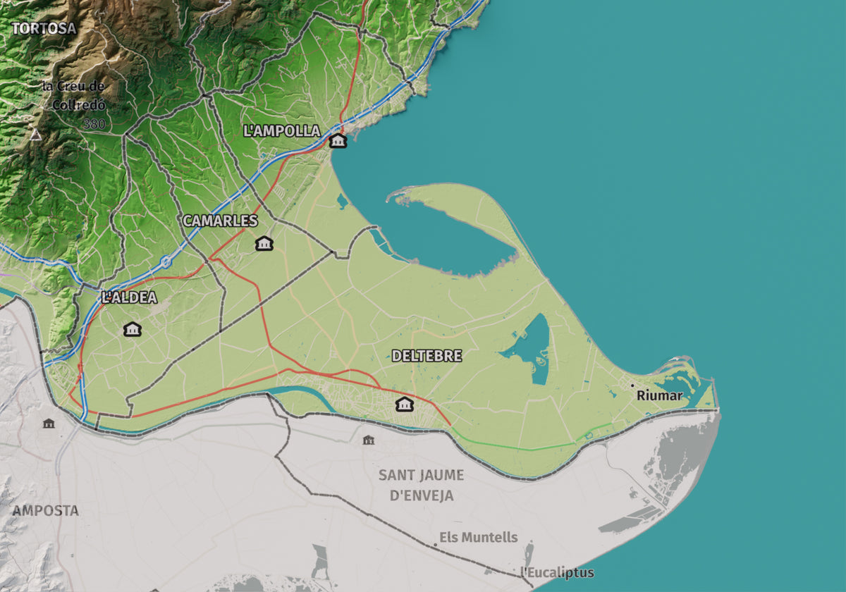 Mapa de relieve del Baix Ebre, con el territorio en color y el entorno en blanco. Detalle de la zona inferior derecha. 21 × 30 cm. Estilo Clásico.