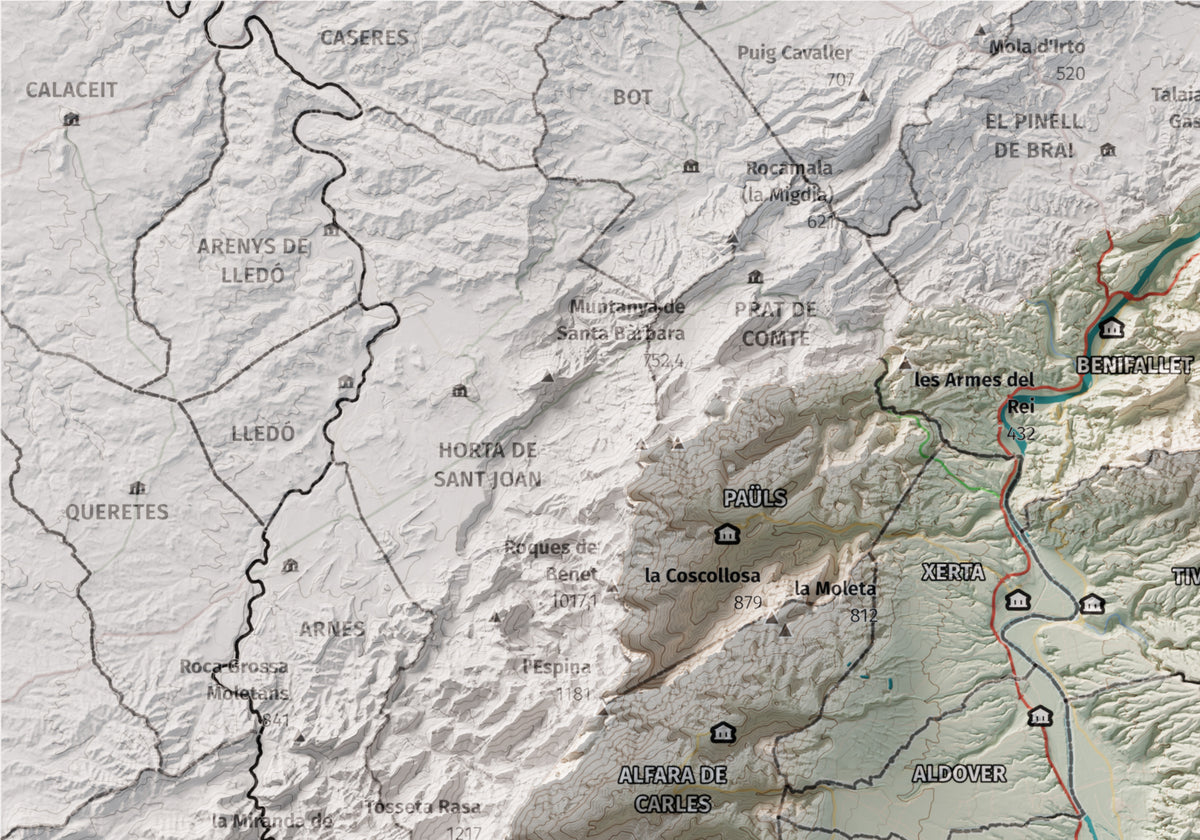 Mapa de relieve del Baix Ebre, con el territorio en color y el entorno en blanco. Detalle de la zona superior izquierda. 21 × 30 cm. Estilo Cartográfico.