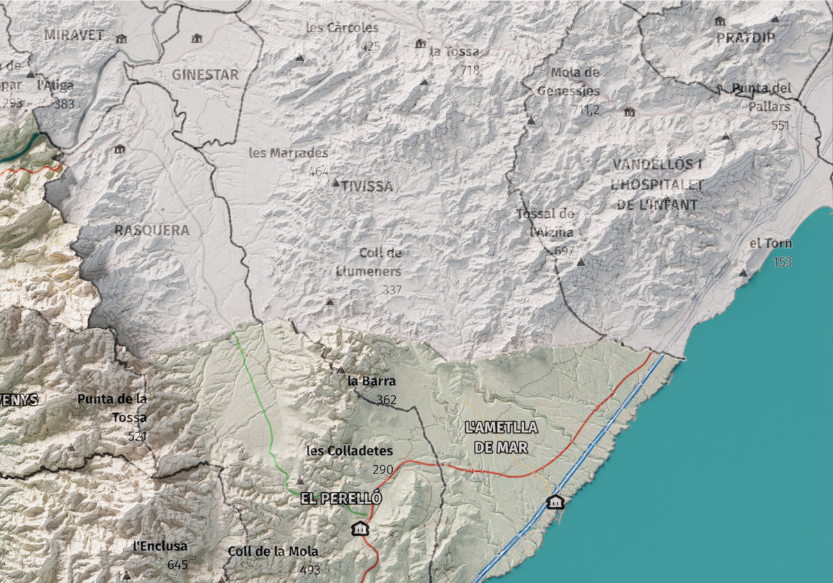 Mapa de relieve del Baix Ebre, con el territorio en color y el entorno en blanco. Detalle de la zona superior derecha. 21 × 30 cm. Estilo Cartográfico.