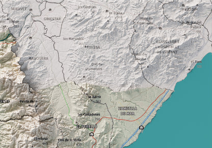 Mapa de relieve del Baix Ebre, con el territorio en color y el entorno en blanco. Detalle de la zona superior derecha. 21 × 30 cm. Estilo Cartográfico.