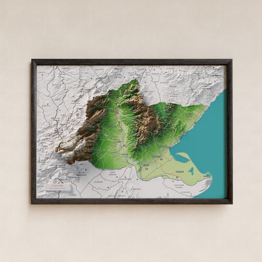 Mapa de relieve del Baix Ebre, con el territorio en color y el entorno en blanco. Presentación con marco. 21 × 30 cm. Estilo Clásico.