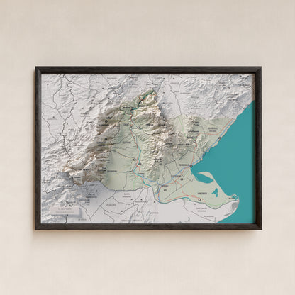 Mapa de relieve del Baix Ebre, con el territorio en color y el entorno en blanco. Presentación con marco. 21 × 30 cm. Estilo Cartográfico.