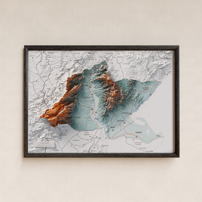 Mapa de relieve del Baix Ebre, con el territorio en color y el entorno en blanco. Presentación con marco. 21 × 30 cm. Estilo Azul y naranja.