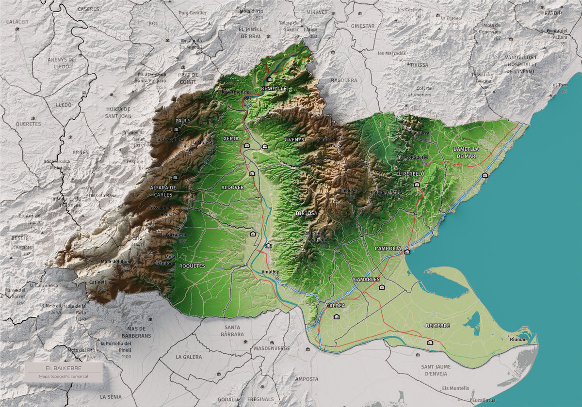 Mapa de relieve del Baix Ebre, con el territorio en color y el entorno en blanco. Vista completa de la lámina. 21 × 30 cm. Estilo Clásico.