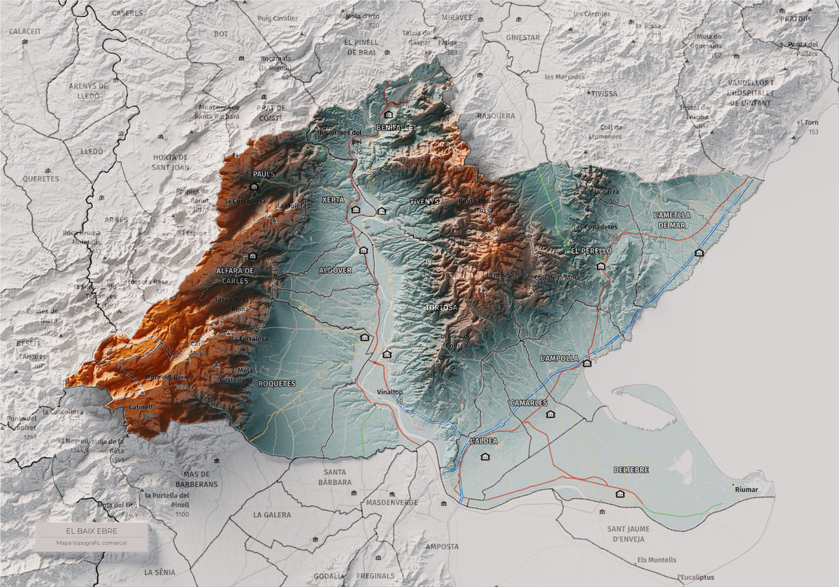 Mapa de relieve del Baix Ebre, con el territorio en color y el entorno en blanco. Vista completa de la lámina. 21 × 30 cm. Estilo Azul y naranja.