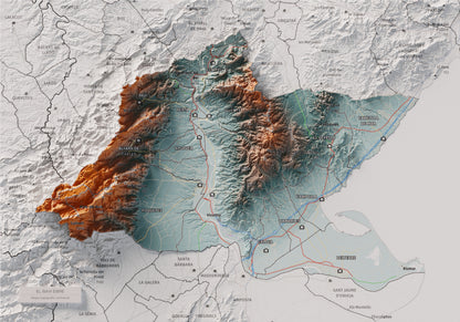 Mapa de relieve del Baix Ebre, con el territorio en color y el entorno en blanco. Vista completa de la lámina. 21 × 30 cm. Estilo Azul y naranja.