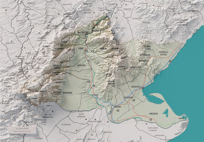 Mapa de relieve del Baix Ebre, con el territorio en color y el entorno en blanco. Vista completa de la lámina. 21 × 30 cm. Estilo Cartográfico.