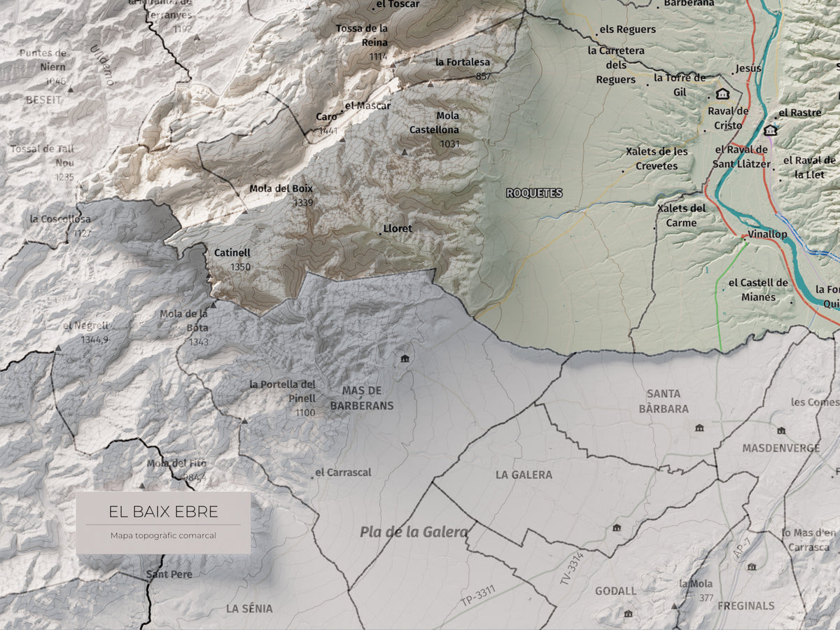 Mapa de relieve del Baix Ebre, con el territorio en color y el entorno en blanco. Detalle de la zona inferior izquierda. 30 × 40 cm. Estilo Cartográfico.