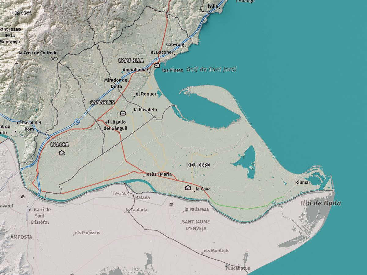 Mapa de relieve del Baix Ebre, con el territorio en color y el entorno en blanco. Detalle de la zona inferior derecha. 30 × 40 cm. Estilo Cartográfico.