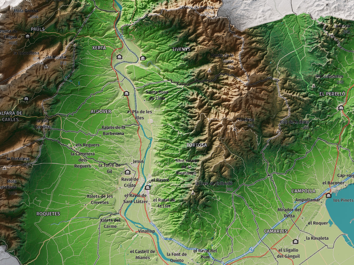 Mapa de relieve del Baix Ebre, con el territorio en color y el entorno en blanco. Detalle de la zona central. 30 × 40 cm. Estilo Clásico.
