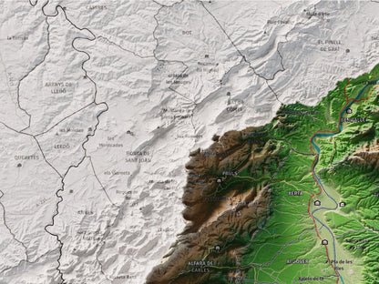 Mapa de relieve del Baix Ebre, con el territorio en color y el entorno en blanco. Detalle de la zona superior izquierda. 30 × 40 cm. Estilo Clásico.