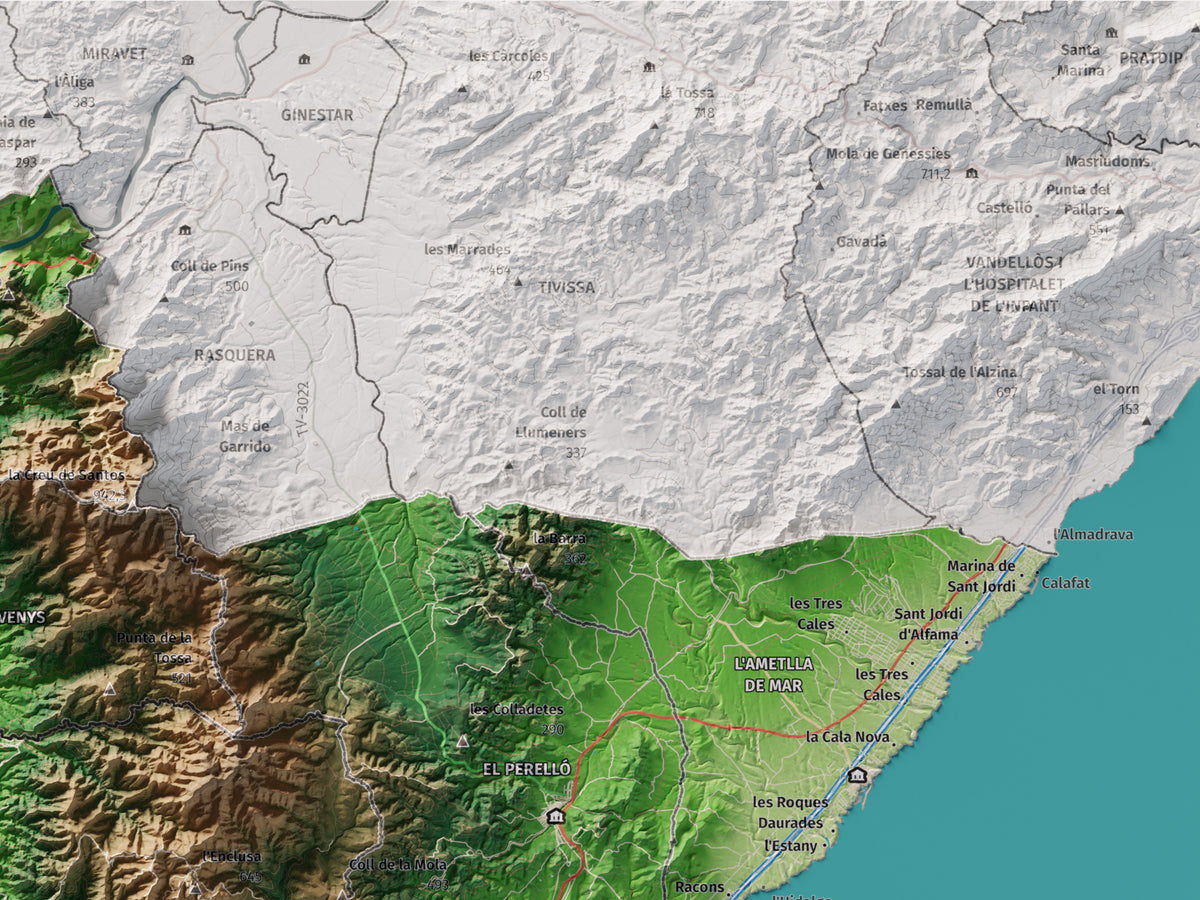 Mapa de relieve del Baix Ebre, con el territorio en color y el entorno en blanco. Detalle de la zona superior derecha. 30 × 40 cm. Estilo Clásico.