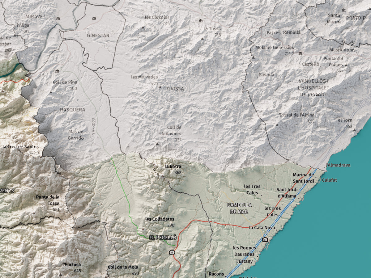 Mapa de relieve del Baix Ebre, con el territorio en color y el entorno en blanco. Detalle de la zona superior derecha. 30 × 40 cm. Estilo Cartográfico.