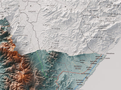 Mapa de relieve del Baix Ebre, con el territorio en color y el entorno en blanco. Detalle de la zona superior derecha. 30 × 40 cm. Estilo Azul y naranja.