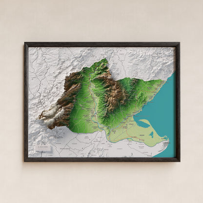Mapa de relieve del Baix Ebre, con el territorio en color y el entorno en blanco. Presentación con marco. 30 × 40 cm. Estilo Clásico.