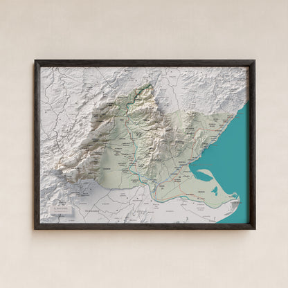 Mapa de relieve del Baix Ebre, con el territorio en color y el entorno en blanco. Presentación con marco. 30 × 40 cm. Estilo Cartográfico.