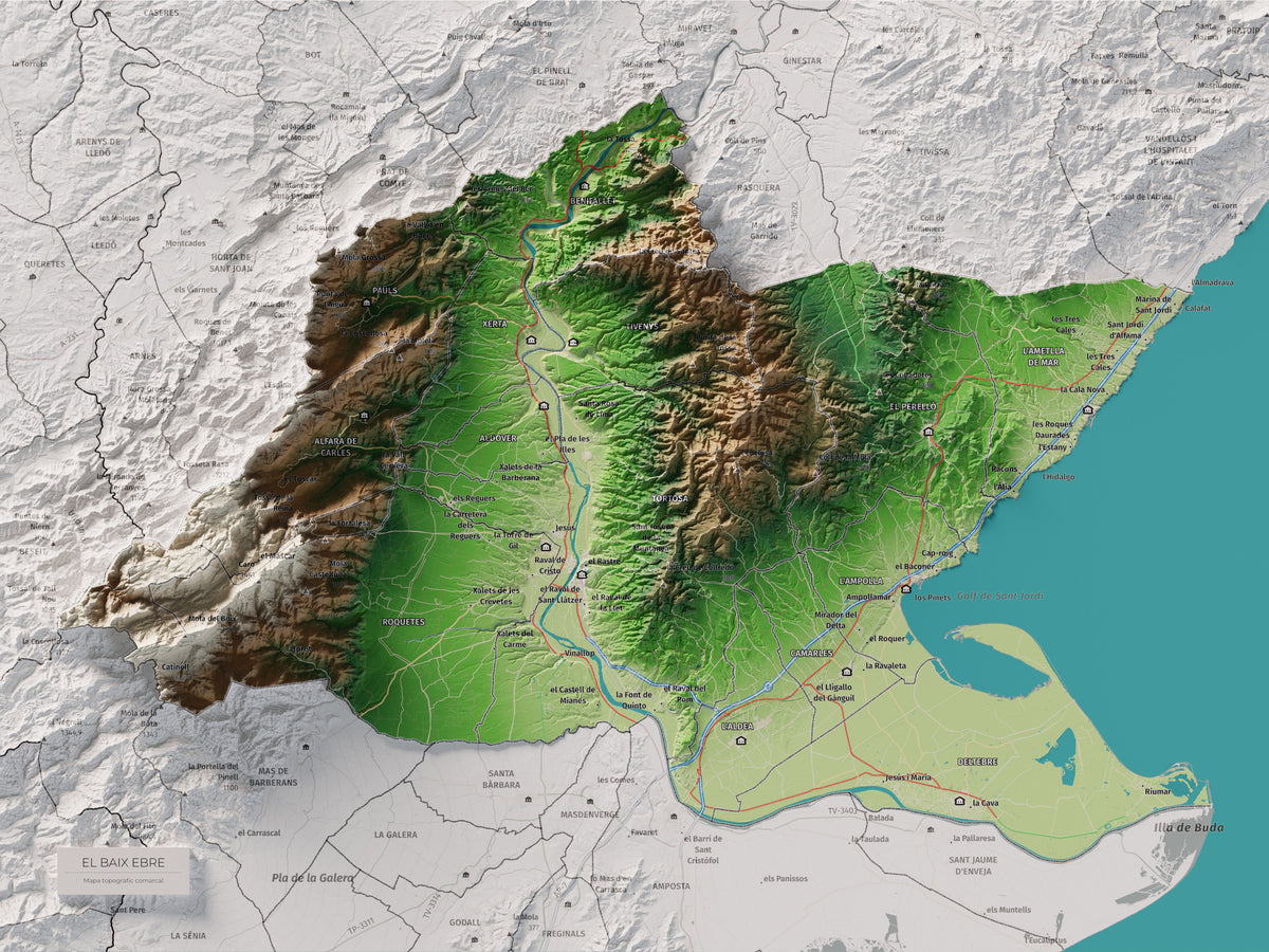 Mapa de relieve del Baix Ebre, con el territorio en color y el entorno en blanco. Vista completa de la lámina. 30 × 40 cm. Estilo Clásico.