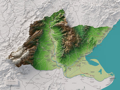 Mapa de relieve del Baix Ebre, con el territorio en color y el entorno en blanco. Vista completa de la lámina. 30 × 40 cm. Estilo Clásico.