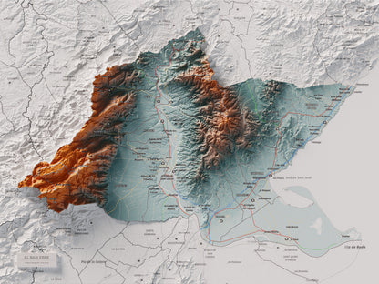Mapa de relieve del Baix Ebre, con el territorio en color y el entorno en blanco. Vista completa de la lámina. 30 × 40 cm. Estilo Azul y naranja.