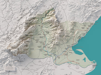 Mapa de relieve del Baix Ebre, con el territorio en color y el entorno en blanco. Vista completa de la lámina. 30 × 40 cm. Estilo Cartográfico.