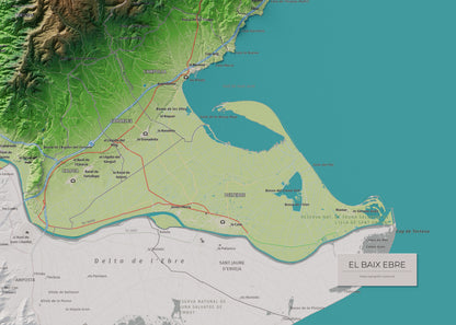 Mapa de relieve del Baix Ebre, con el territorio en color y el entorno en blanco. Detalle de la zona inferior derecha. 50 × 70 cm. Estilo Clásico.