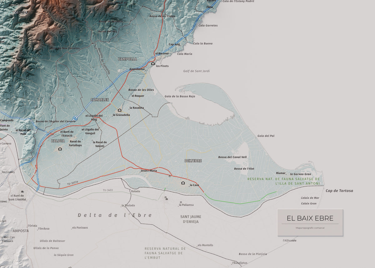 Mapa de relieve del Baix Ebre, con el territorio en color y el entorno en blanco. Detalle de la zona inferior derecha. 50 × 70 cm. Estilo Azul y naranja.