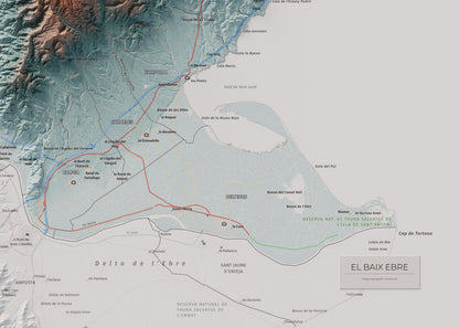 Mapa de relieve del Baix Ebre, con el territorio en color y el entorno en blanco. Detalle de la zona inferior derecha. 50 × 70 cm. Estilo Azul y naranja.