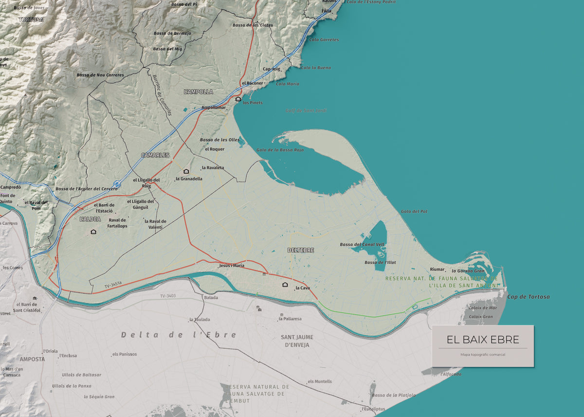 Mapa de relieve del Baix Ebre, con el territorio en color y el entorno en blanco. Detalle de la zona inferior derecha. 50 × 70 cm. Estilo Cartográfico.
