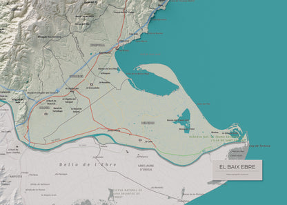 Mapa de relieve del Baix Ebre, con el territorio en color y el entorno en blanco. Detalle de la zona inferior derecha. 50 × 70 cm. Estilo Cartográfico.