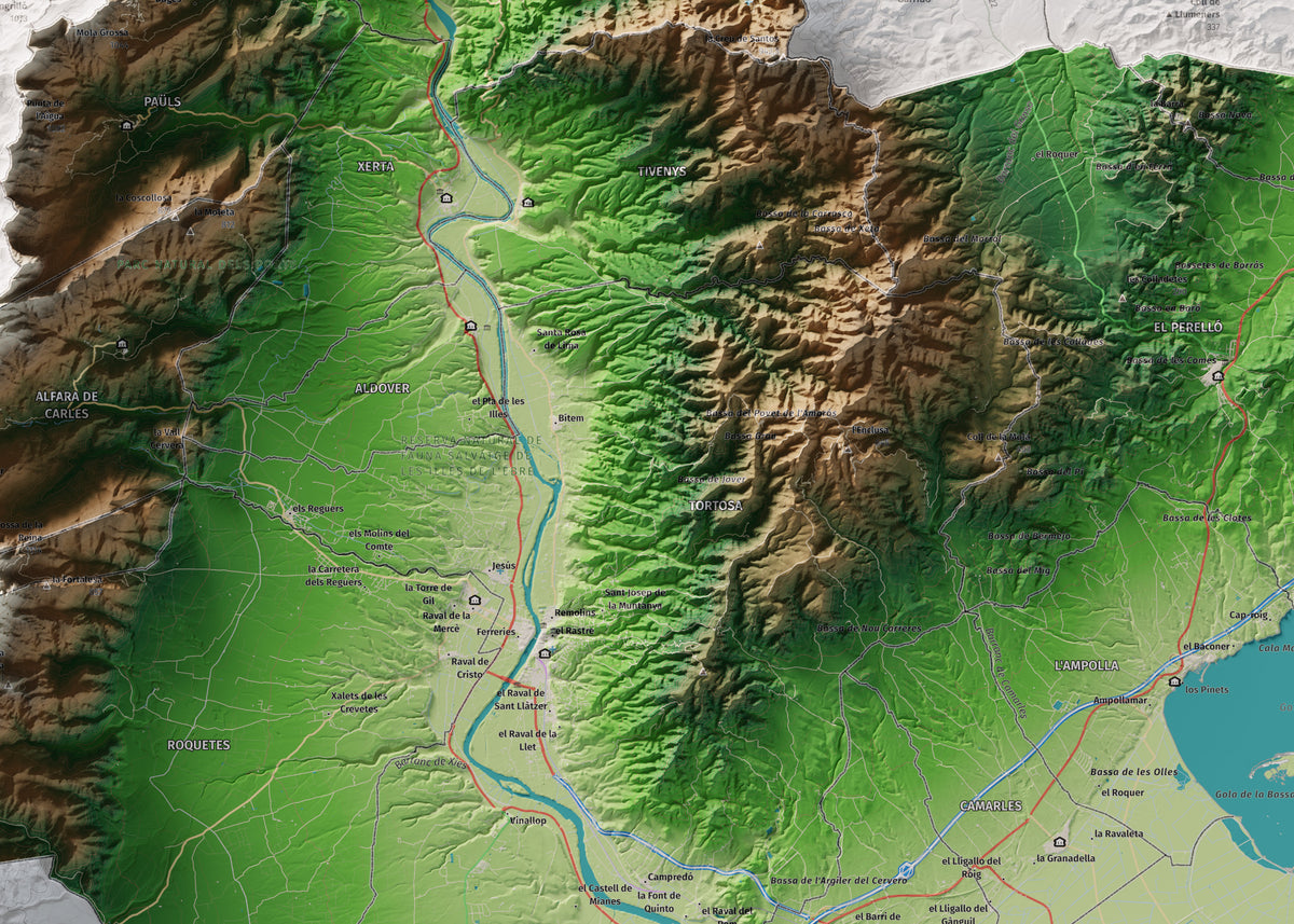 Mapa de relieve del Baix Ebre, con el territorio en color y el entorno en blanco. Detalle de la zona central. 50 × 70 cm. Estilo Clásico.