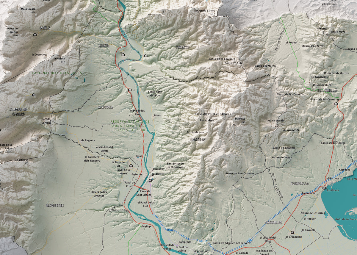 Mapa de relieve del Baix Ebre, con el territorio en color y el entorno en blanco. Detalle de la zona central. 50 × 70 cm. Estilo Cartográfico.