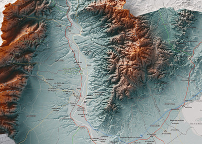 Mapa de relieve del Baix Ebre, con el territorio en color y el entorno en blanco. Detalle de la zona central. 50 × 70 cm. Estilo Azul y naranja.