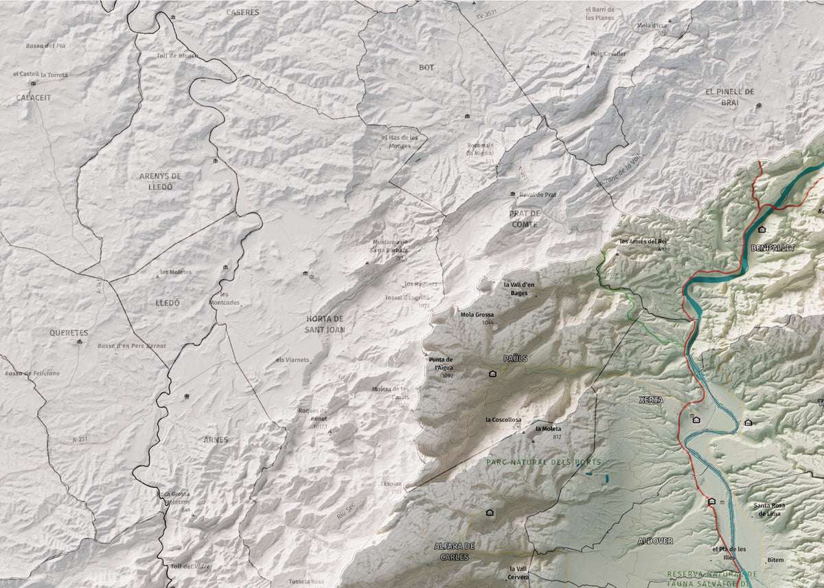 Mapa de relieve del Baix Ebre, con el territorio en color y el entorno en blanco. Detalle de la zona superior izquierda. 50 × 70 cm. Estilo Cartográfico.