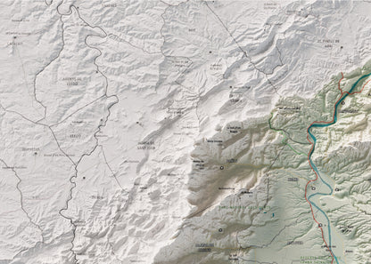 Mapa de relieve del Baix Ebre, con el territorio en color y el entorno en blanco. Detalle de la zona superior izquierda. 50 × 70 cm. Estilo Cartográfico.
