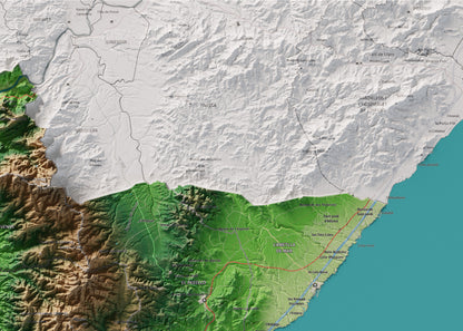 Mapa de relieve del Baix Ebre, con el territorio en color y el entorno en blanco. Detalle de la zona superior derecha. 50 × 70 cm. Estilo Clásico.